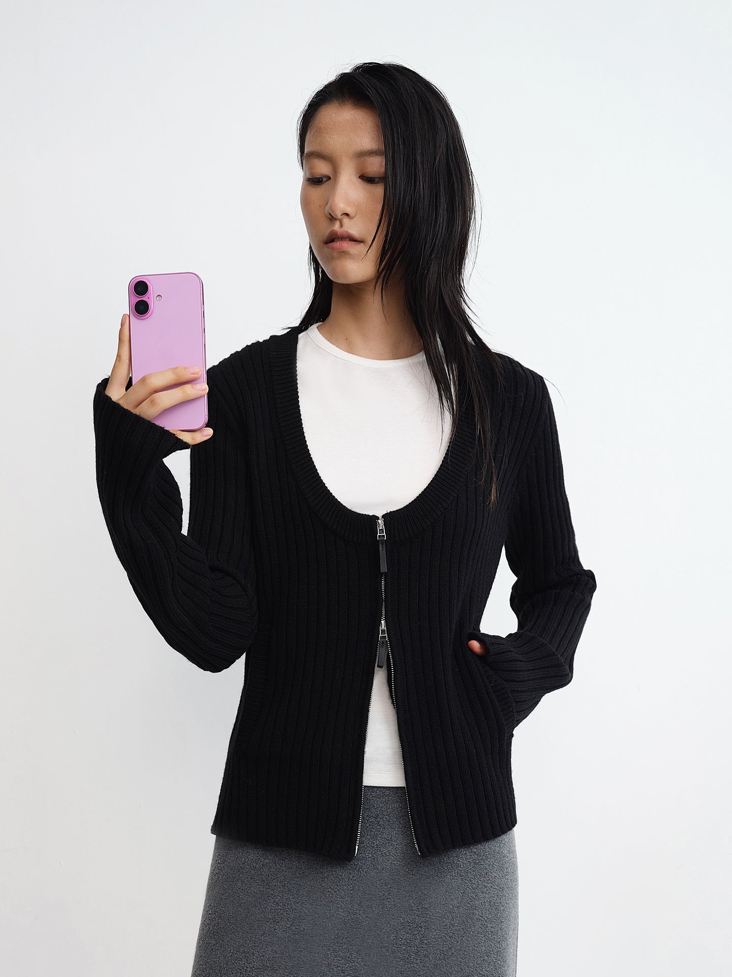 U-Neck Ribbed Wool Cardigan