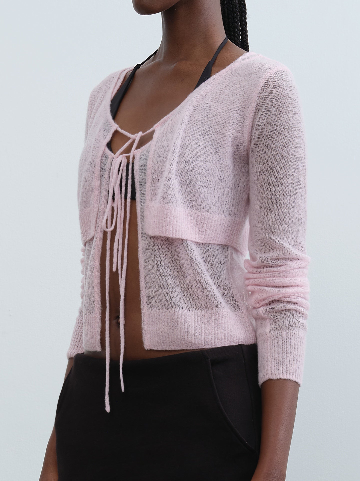Mesh Layered Tie-Front Cardigan