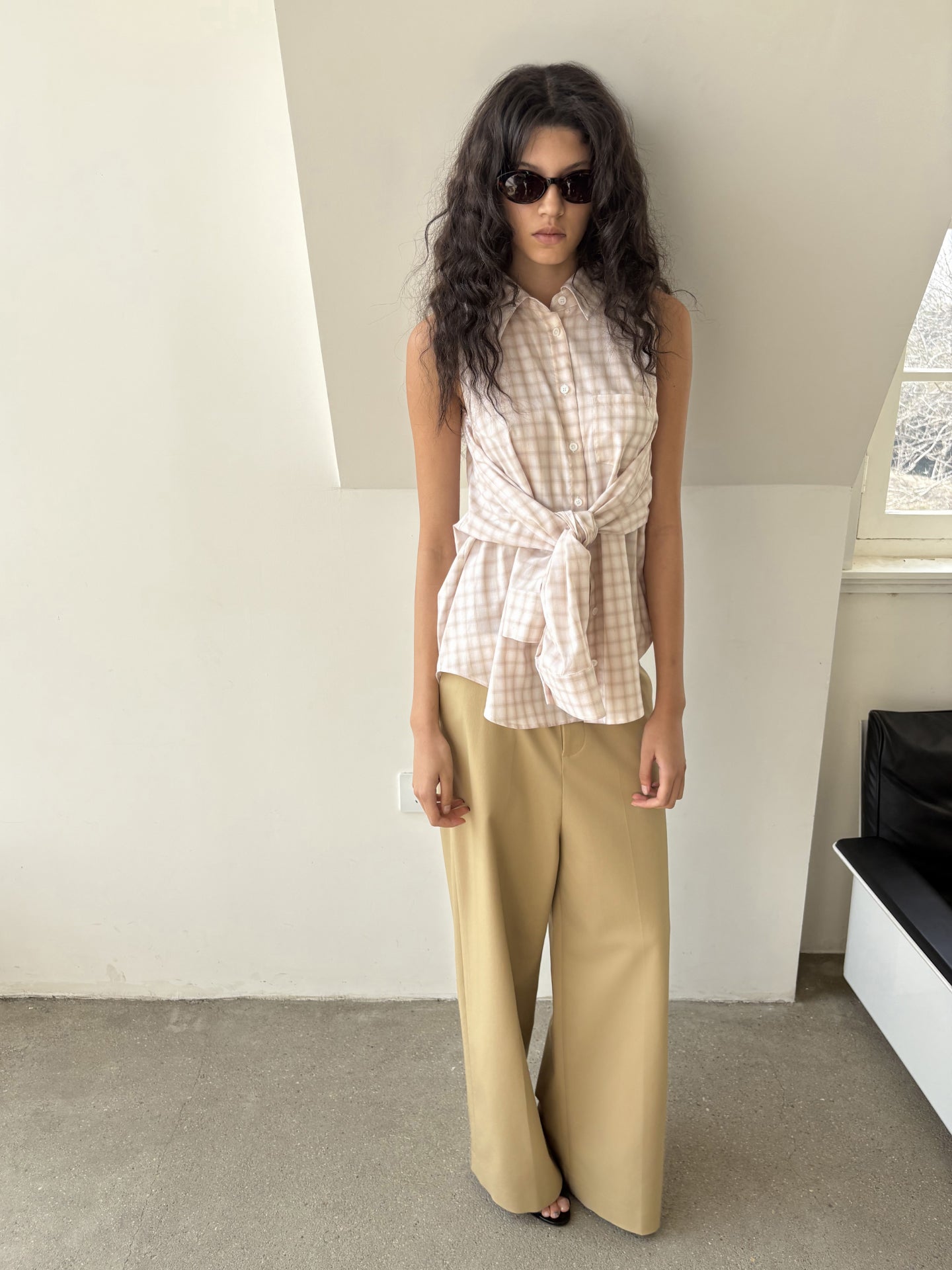 “Poise” Cutout-shoulder Plaid Shirt