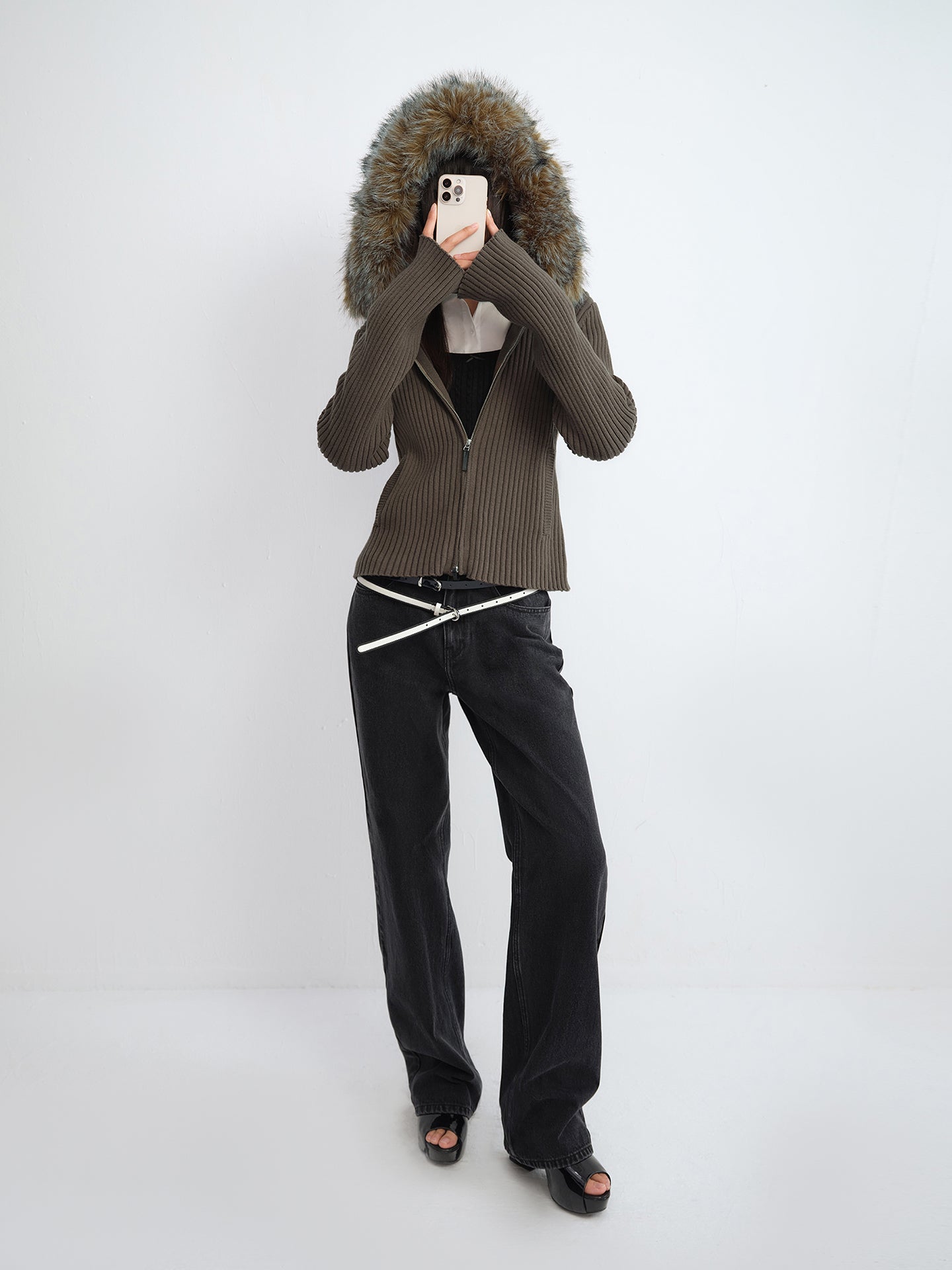 Faux Fur Trim Hooded Zip-Front Jumper