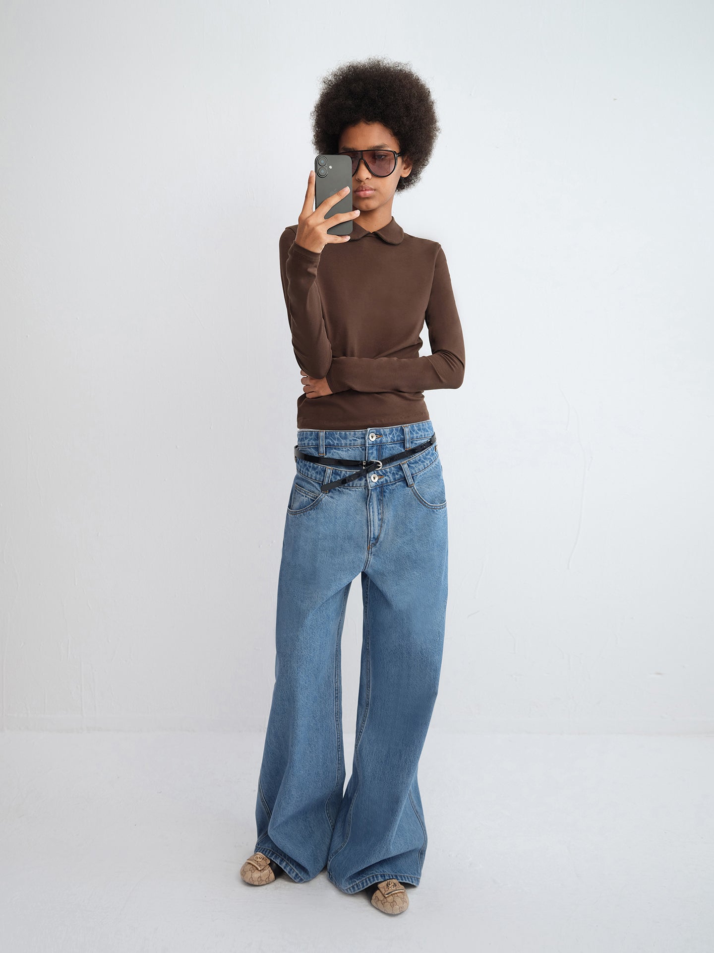 Gemini Layered Waistband Wide-Leg Denim Pants