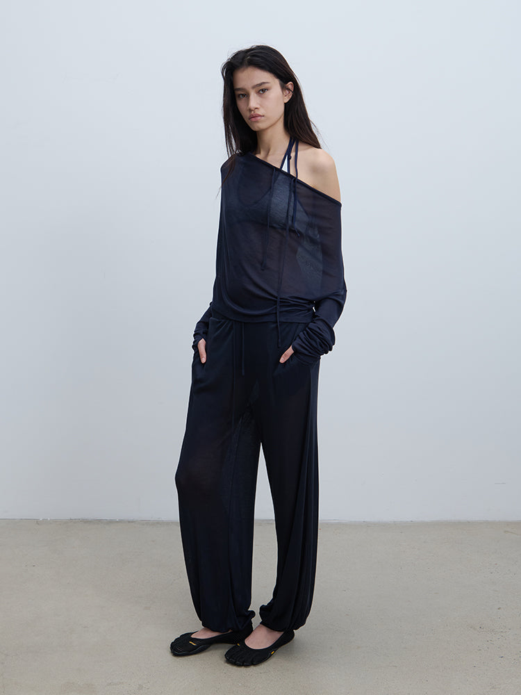 “Take A Walk” Drawstring Sheer Knit Pullover