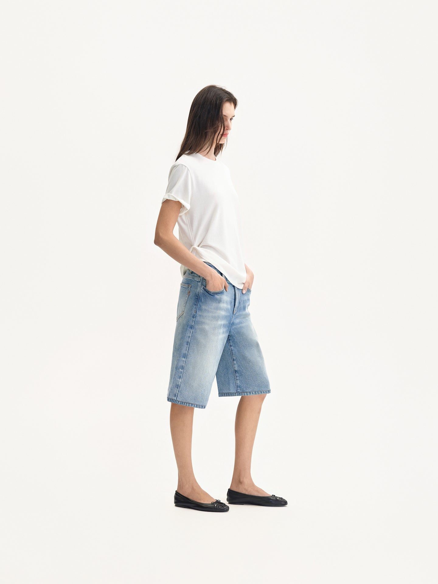“Classique” Washed Denim Bermuda Shorts