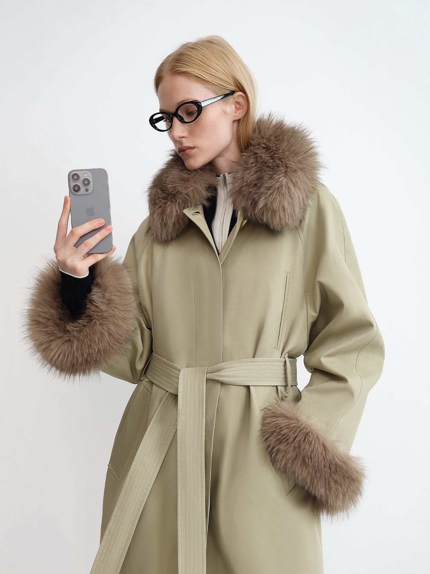 Detachable Fur-Collar Belted Puffer Coat