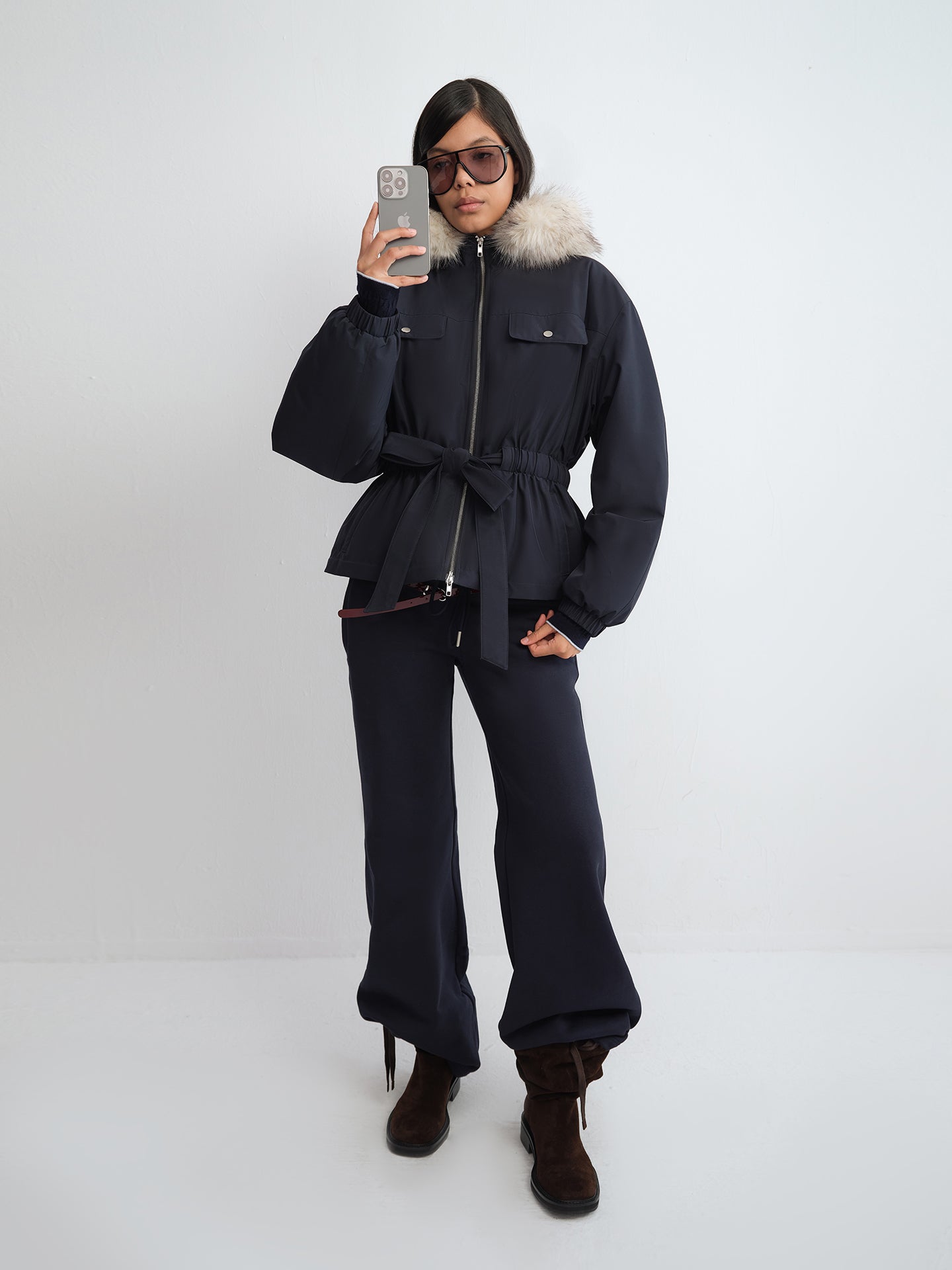 Detachable Fur Hood Belted Parka