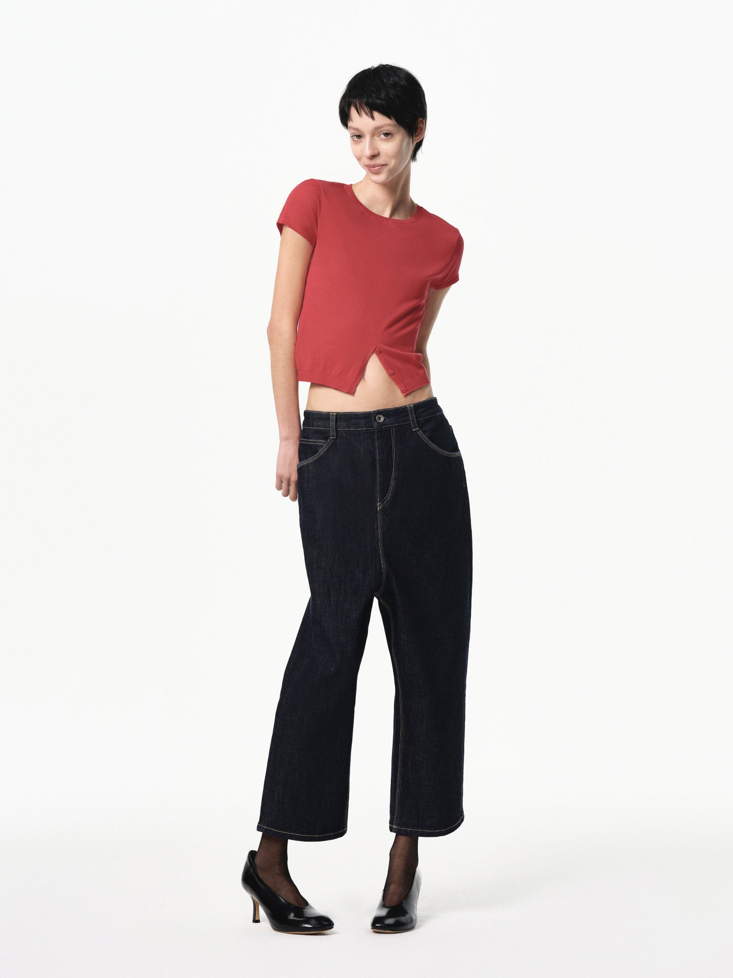 Half-Placket Silk Wool Knit Top