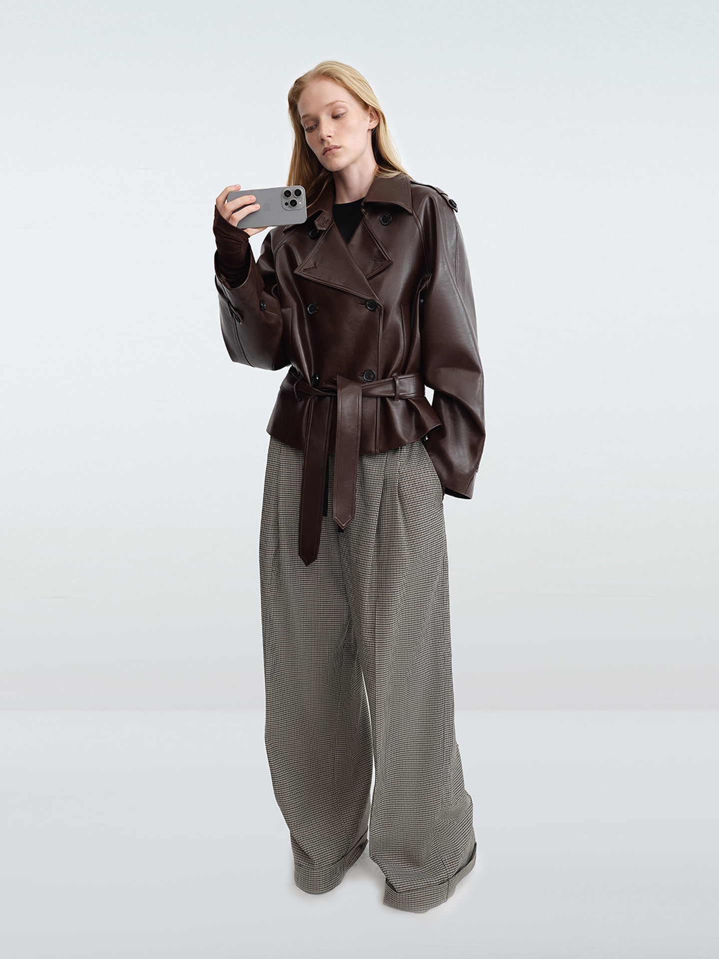 Faux Leather Foldover-Collar Belted Jacket