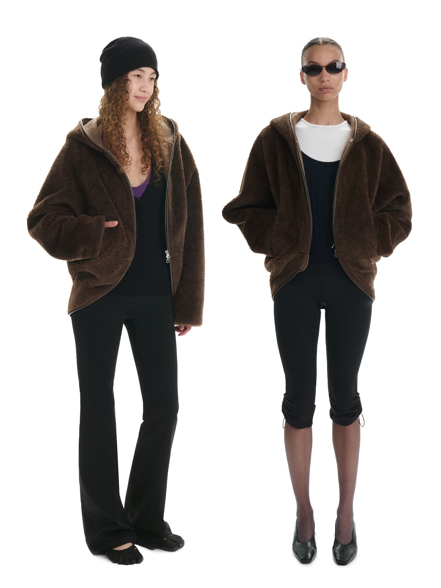 Curved-Hem Plush Cropped Hooded Jacket
