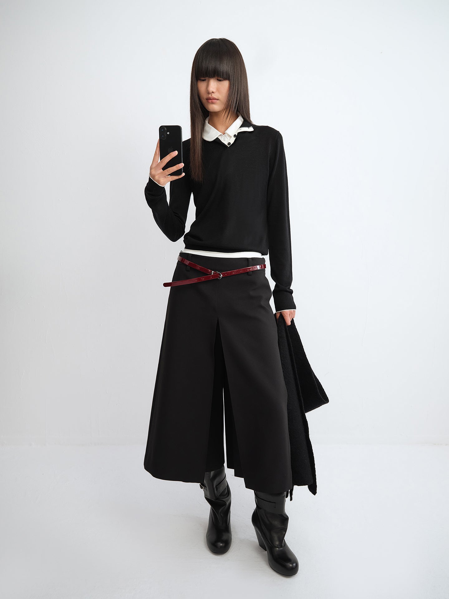 Henley Turtleneck Colorblock Wool Knit Top