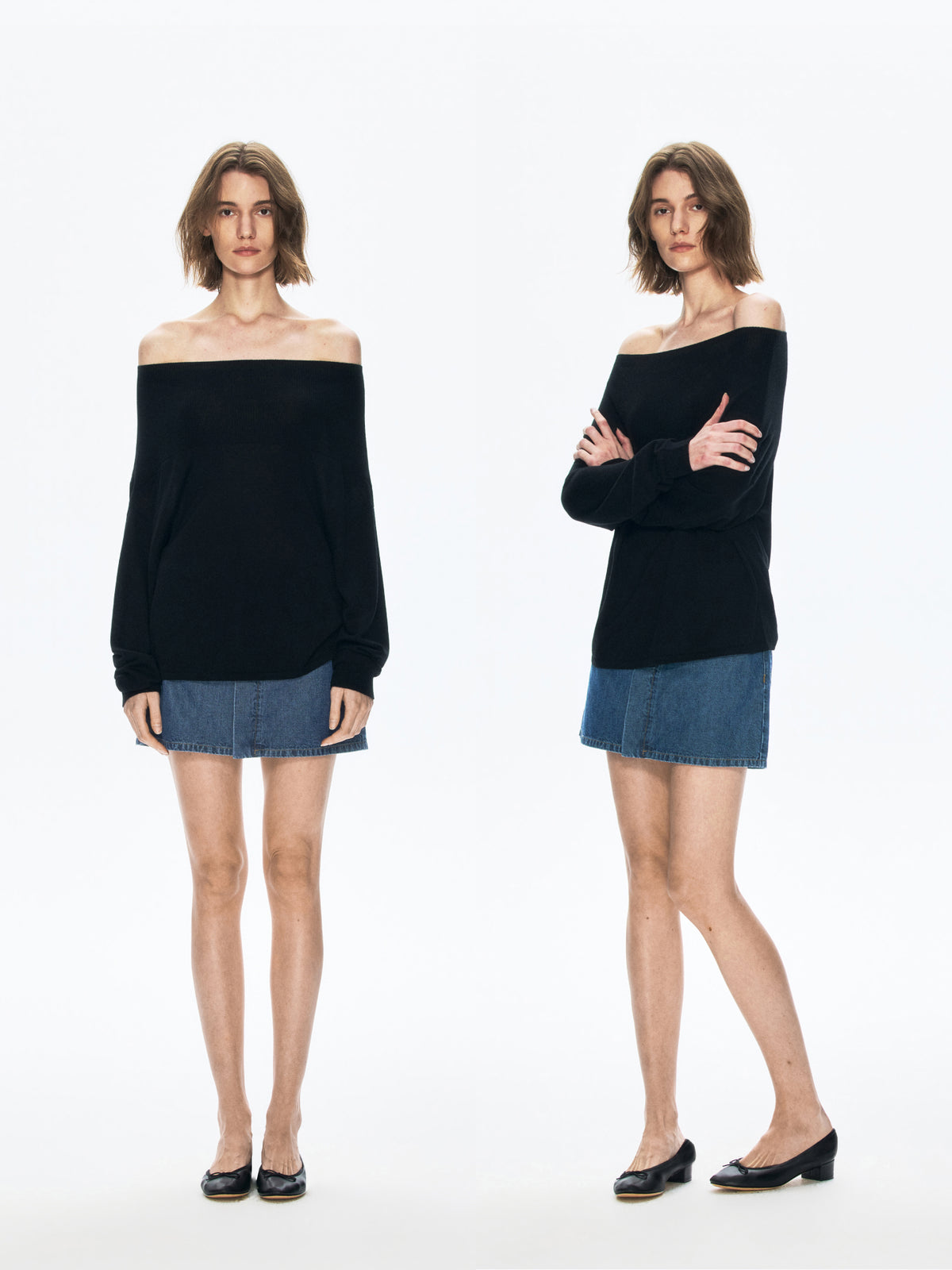 “Mist” Cashmere Blend Elegant Off-Shoulder Sheer Knit Top
