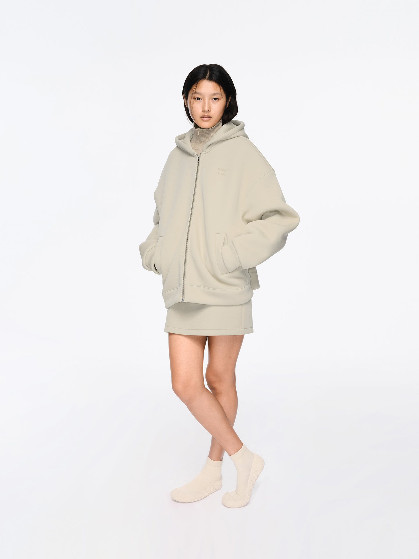 The Shearling-Lined Zip Up Hoodie / The Fleece Skirt (Oat)