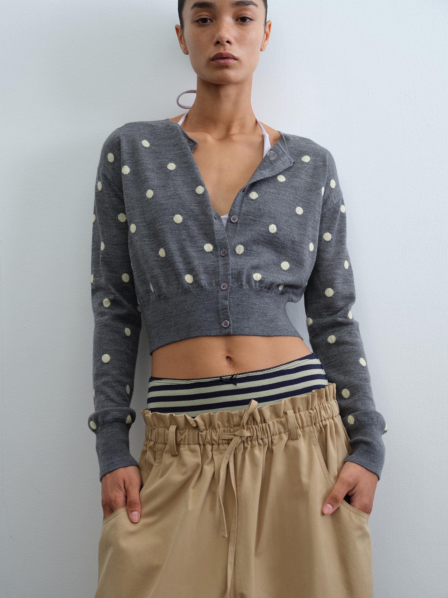 Polka Dot Crewneck Knit Cardigan