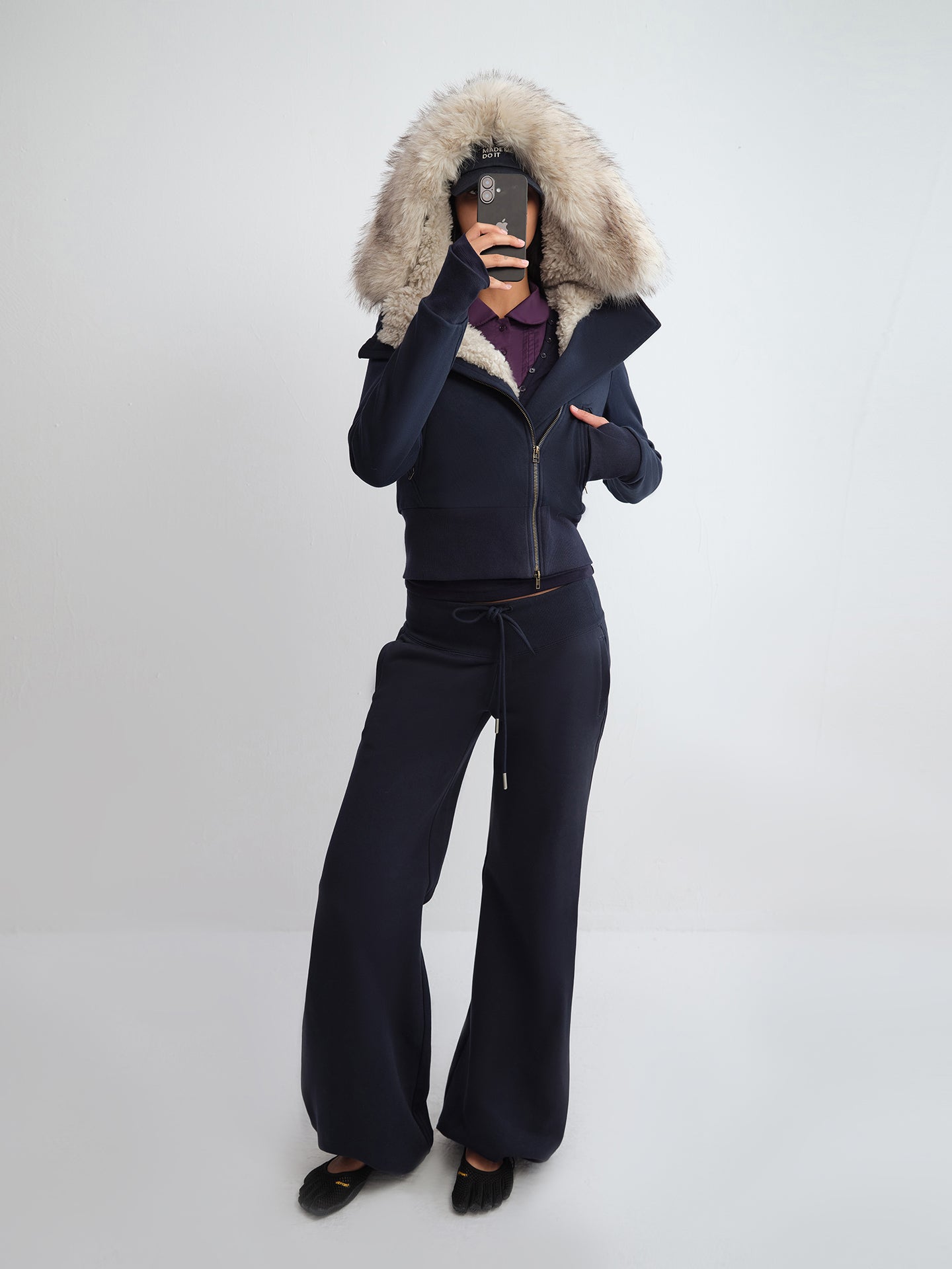 Asymmetric Fur Collar Plush Lining Hooded Parka