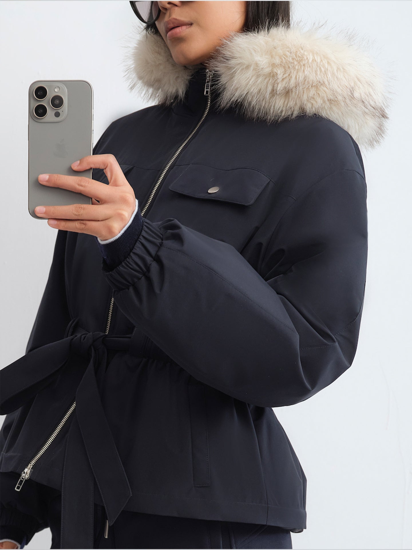 Detachable Fur Hood Belted Parka