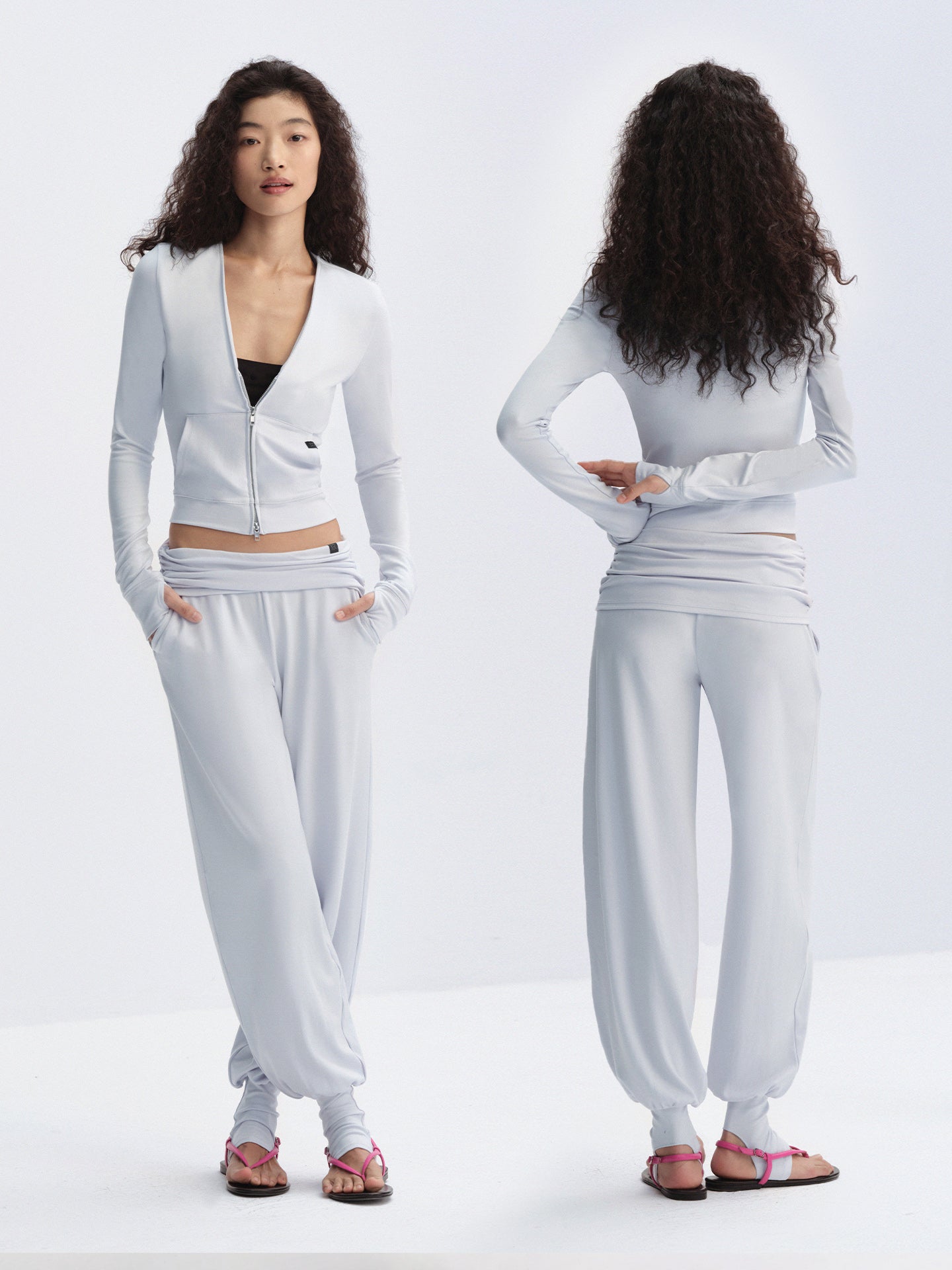 V-Neck Zip-Up Long Sleeve Top