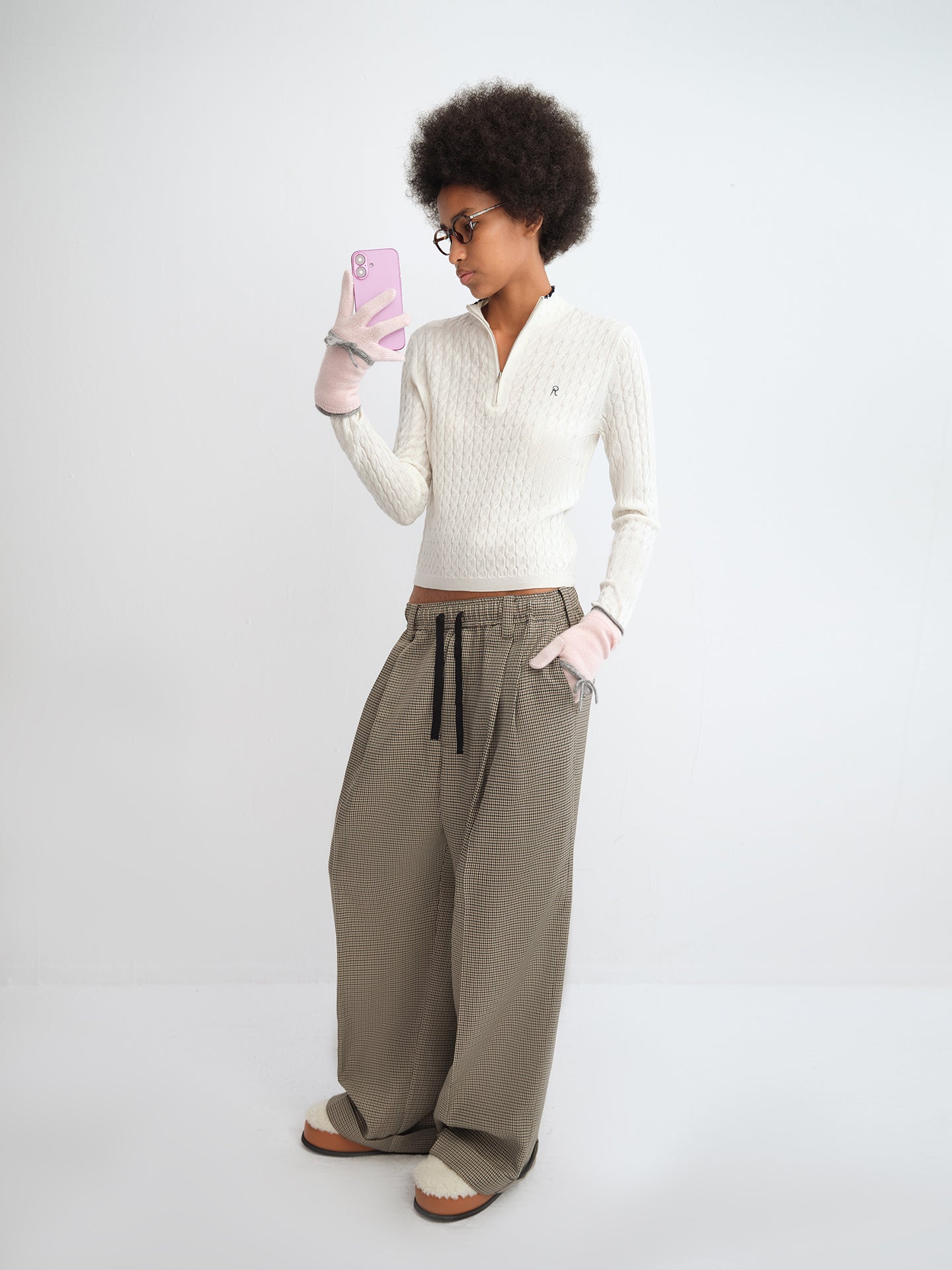 Houndstooth Wide-Leg Pants