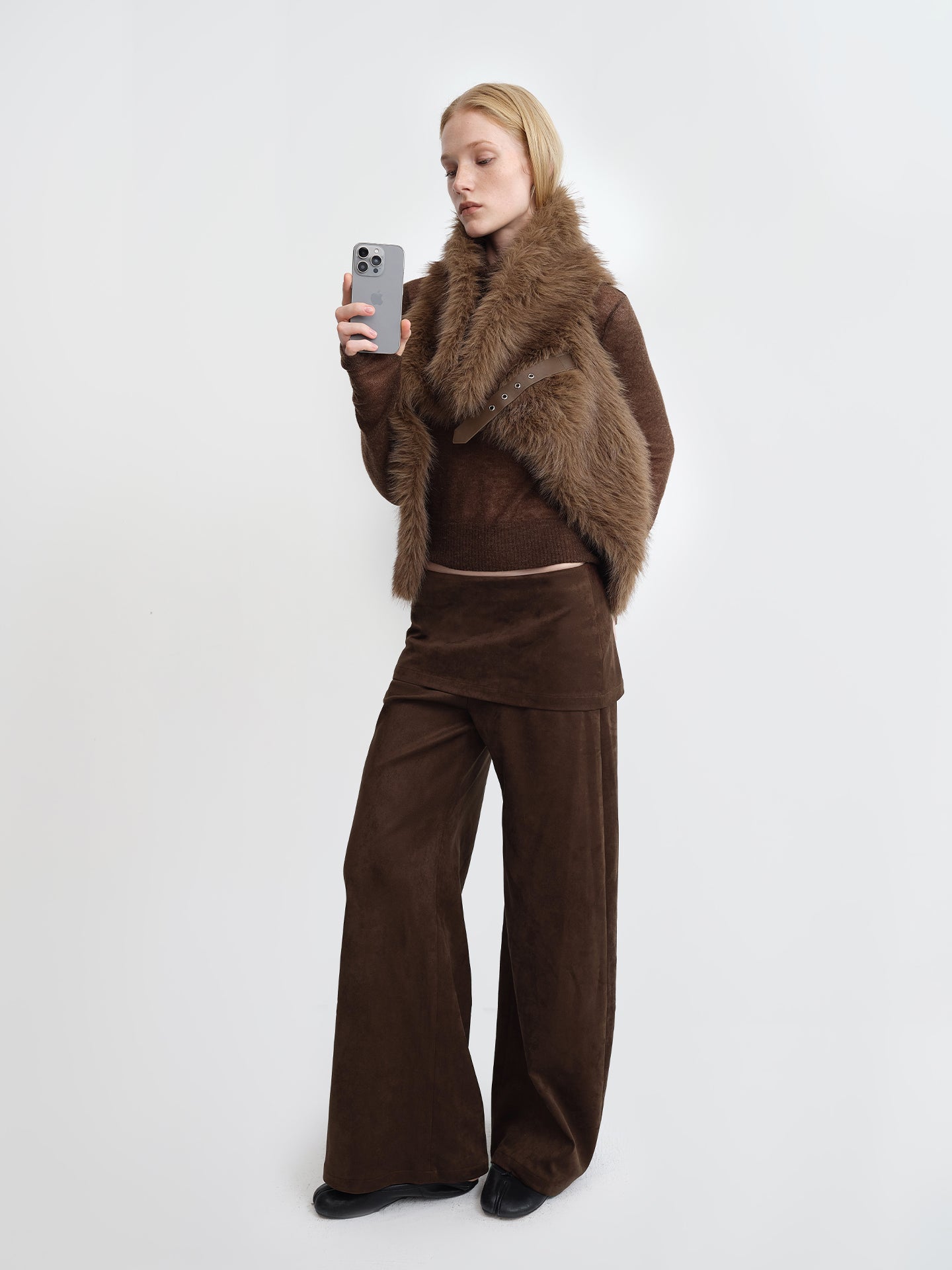 Suede Layered Wide-Leg Pants