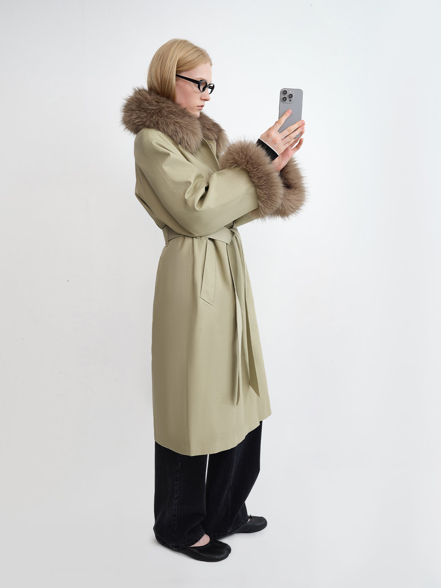 Detachable Fur-Collar Belted Puffer Coat