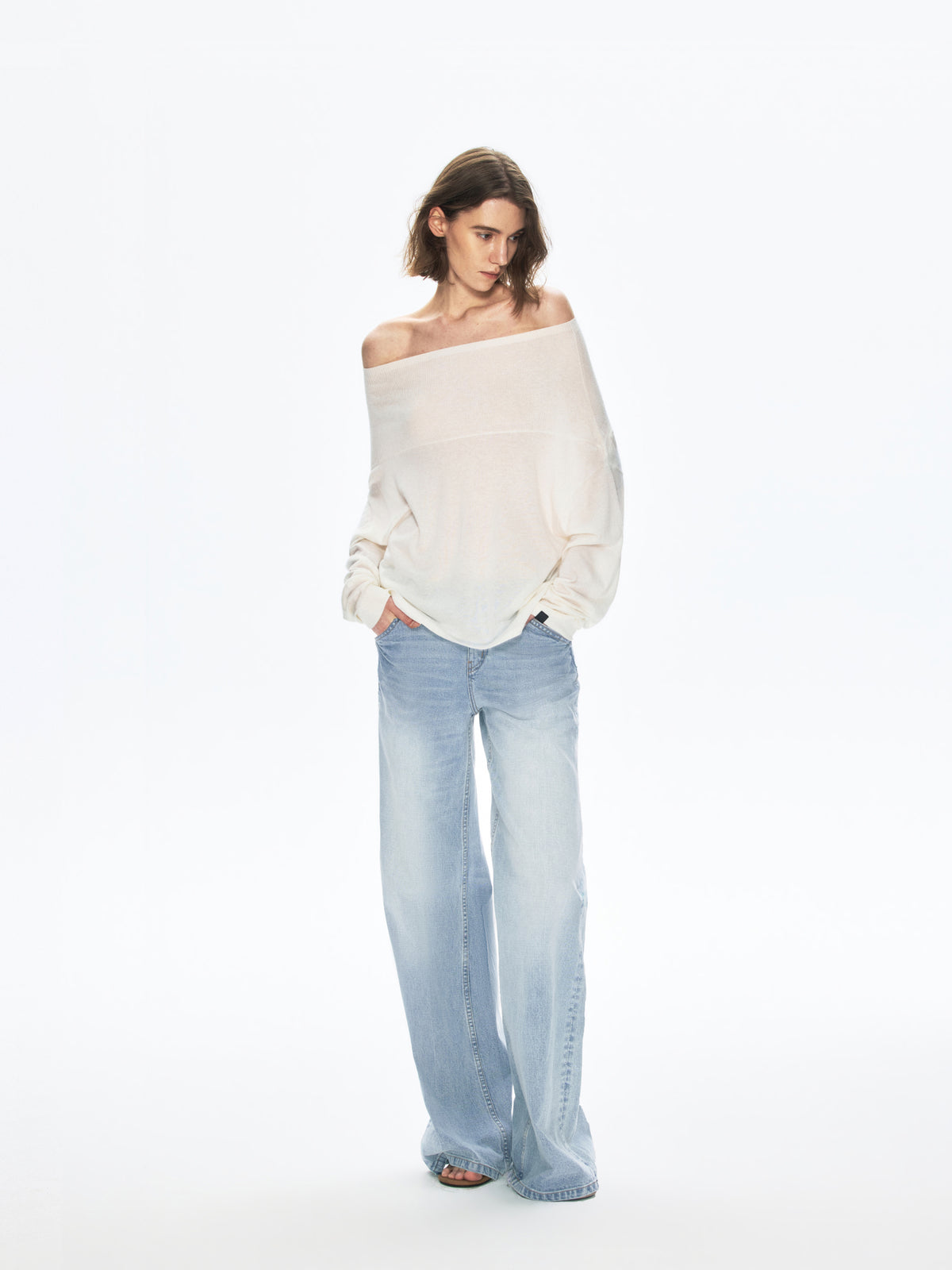 “Mist” Cashmere Blend Elegant Off-Shoulder Sheer Knit Top