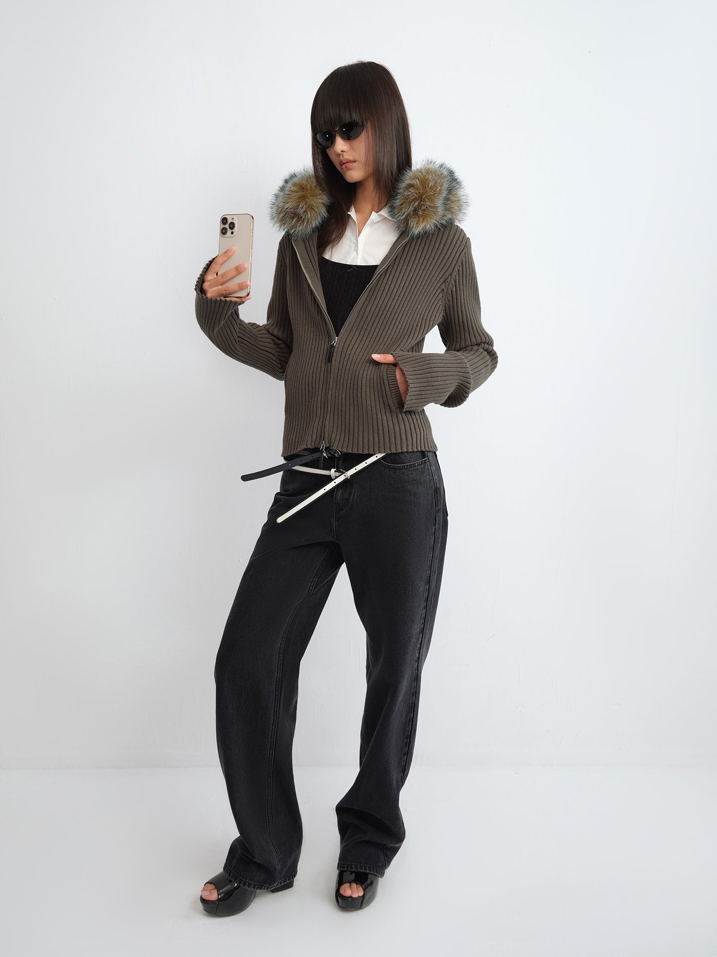 Faux Fur Trim Hooded Zip-Front Jumper