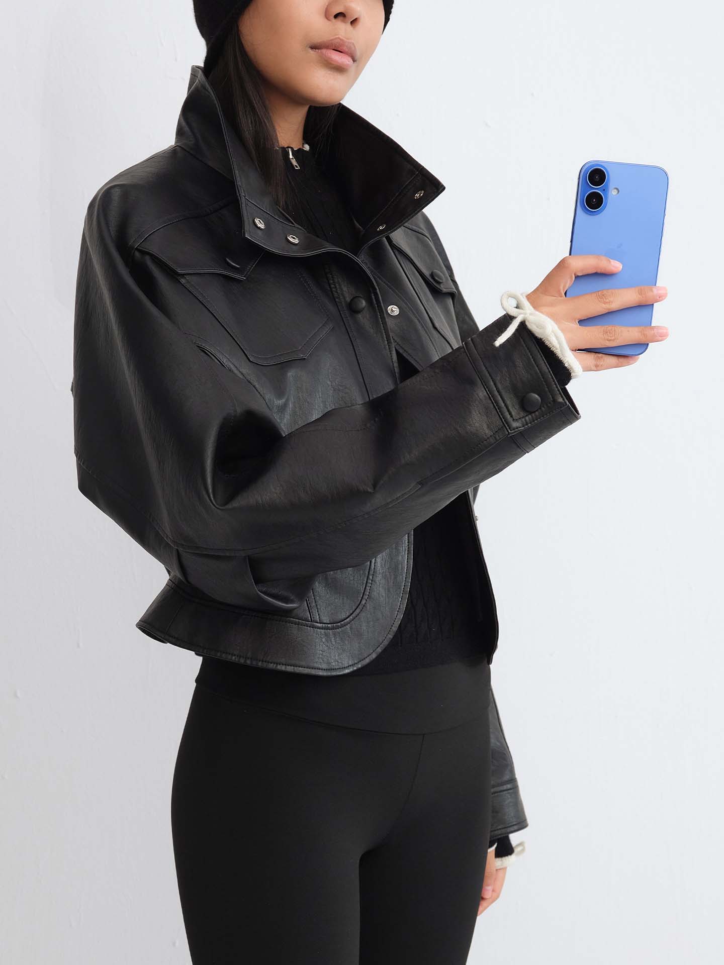 Stand-Collar Faux Leather Fitted Jacket