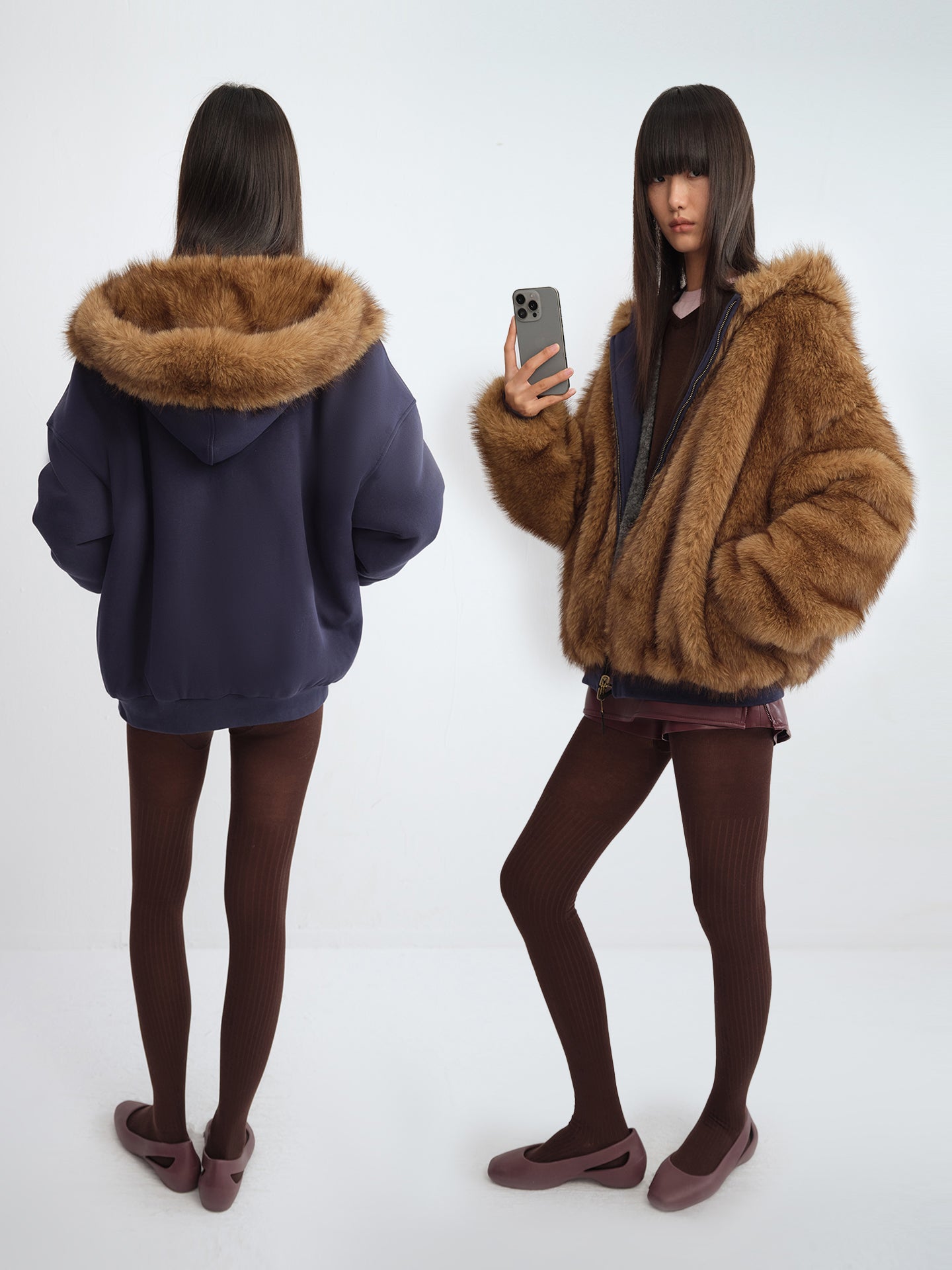 Two-Way Cropped Faux Fur Hooded Jacket