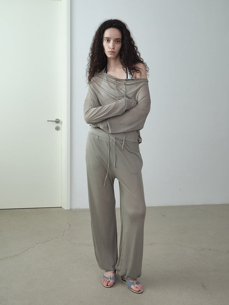 “Take A Walk” Drawstring Sheer Knit Pullover