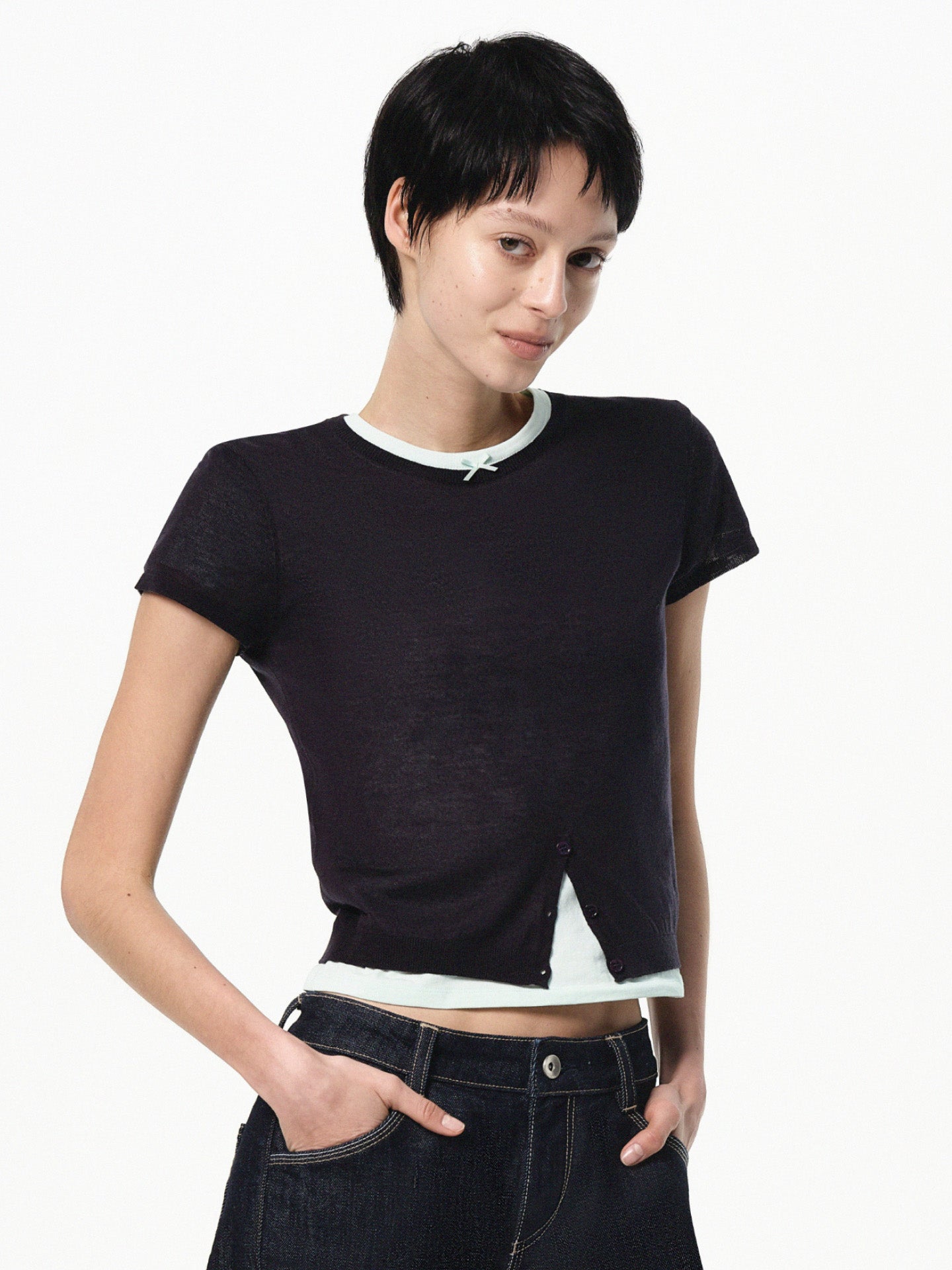 Half-Placket Silk Wool Knit Top