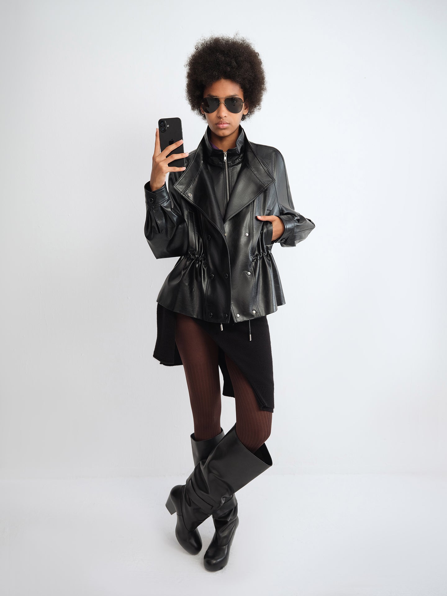 Layered Stand-Collar Faux Leather Fitted Jacket