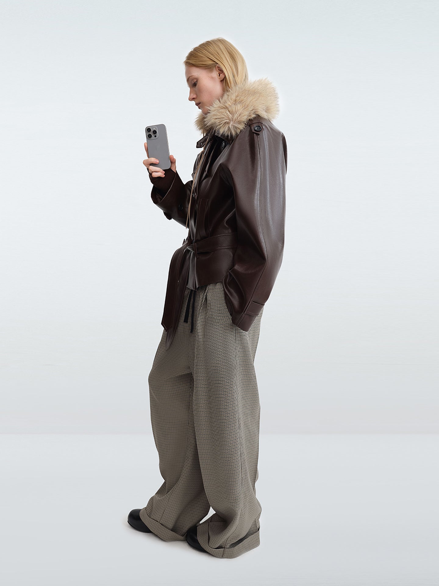 Faux Leather Foldover-Collar Belted Jacket