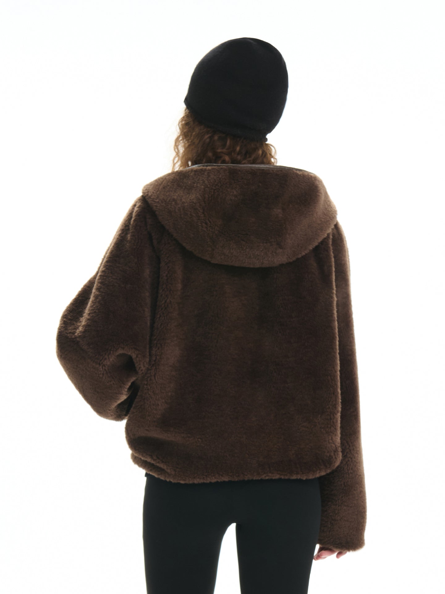 Curved-Hem Plush Cropped Hooded Jacket