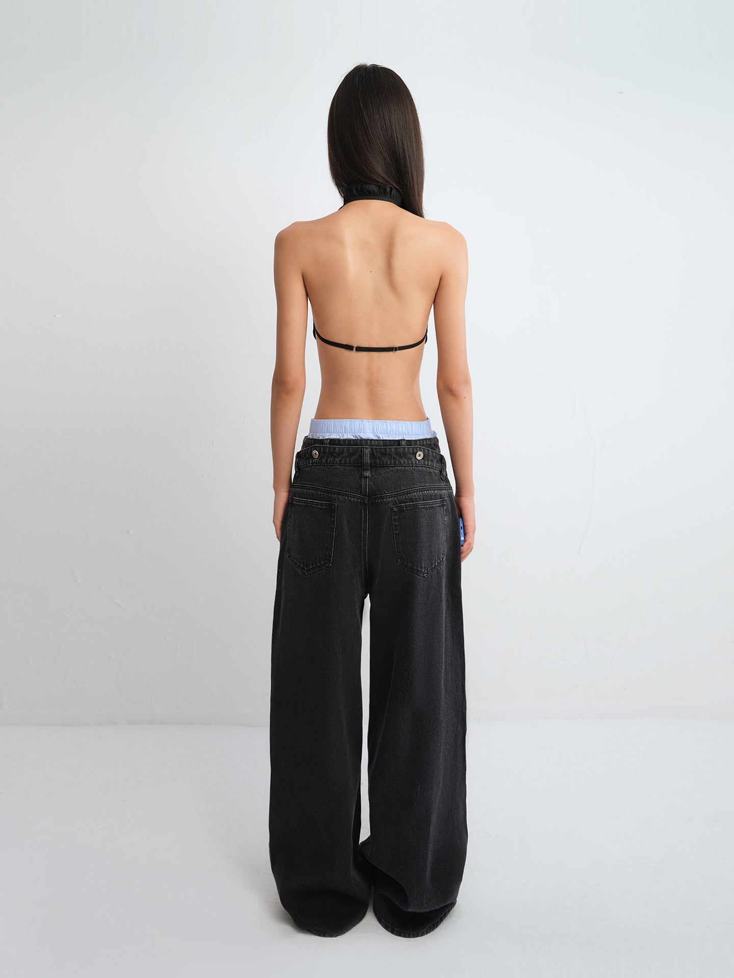Gemini Layered Waistband Wide-Leg Denim Pants