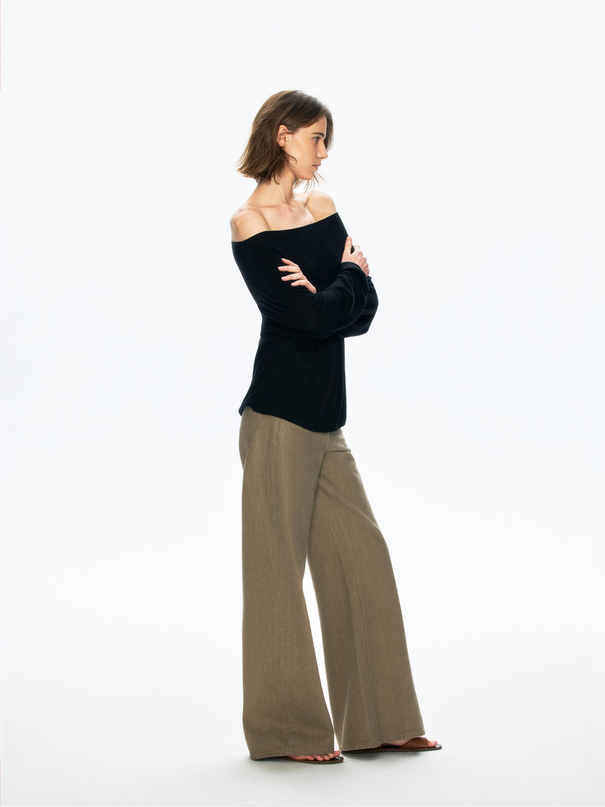 “Mist” Cashmere Blend Elegant Off-Shoulder Sheer Knit Top