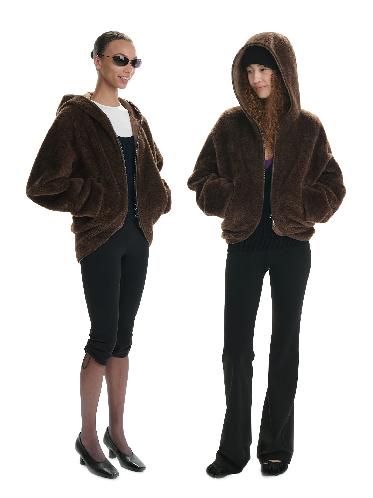 Curved-Hem Plush Cropped Hooded Jacket