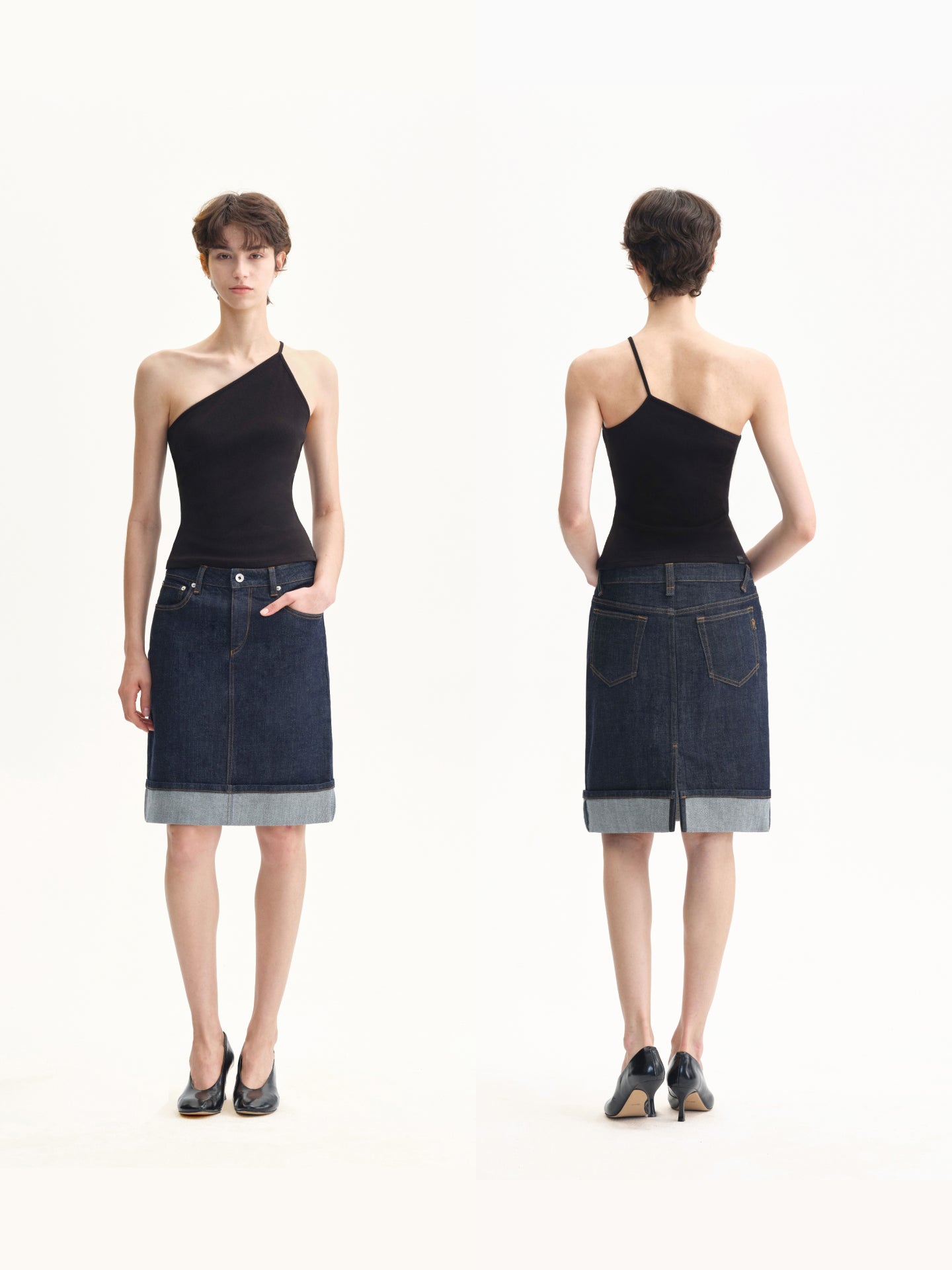 “Classique” Rolled-hem Raw Denim Skirt