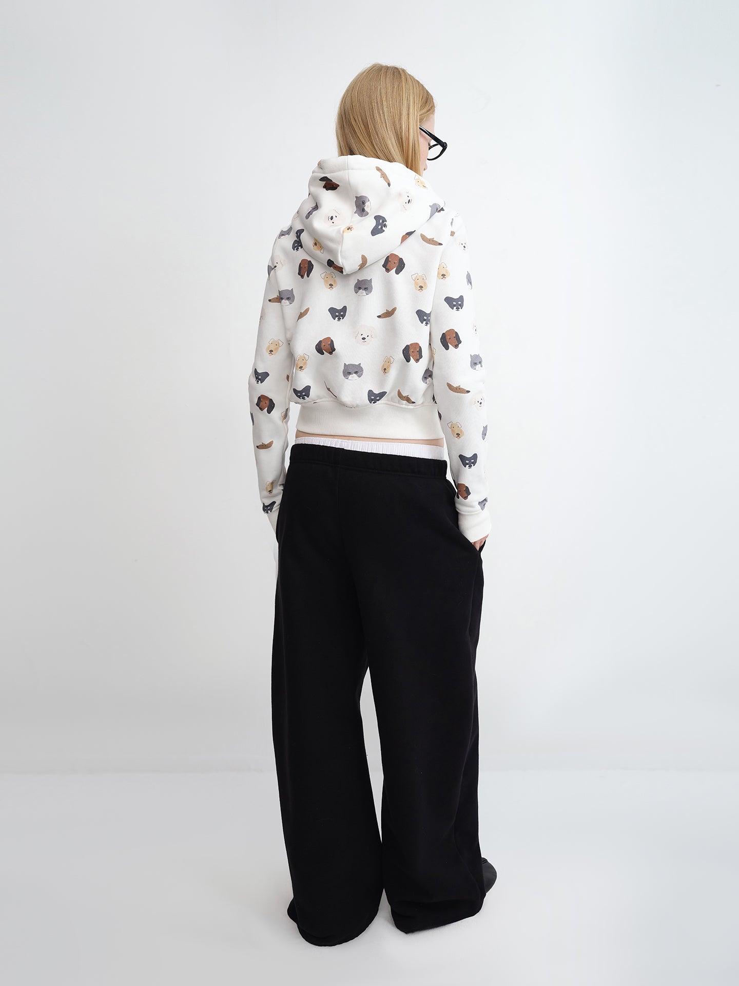 "Meow & Woof" Print Fleece Zip Hoodie