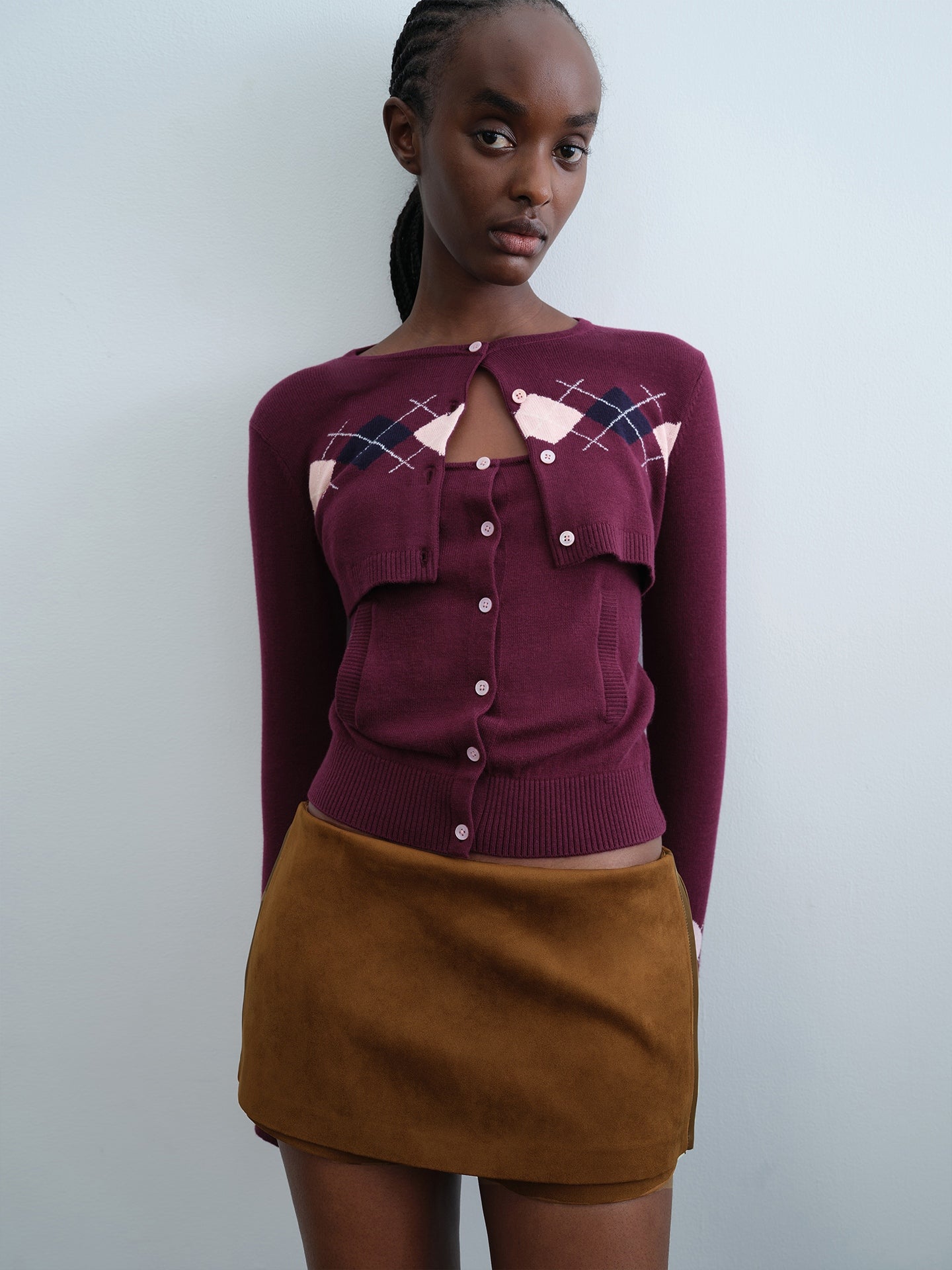 Diamond-Knit Cropped Cardigan/Buttons Knit Tank