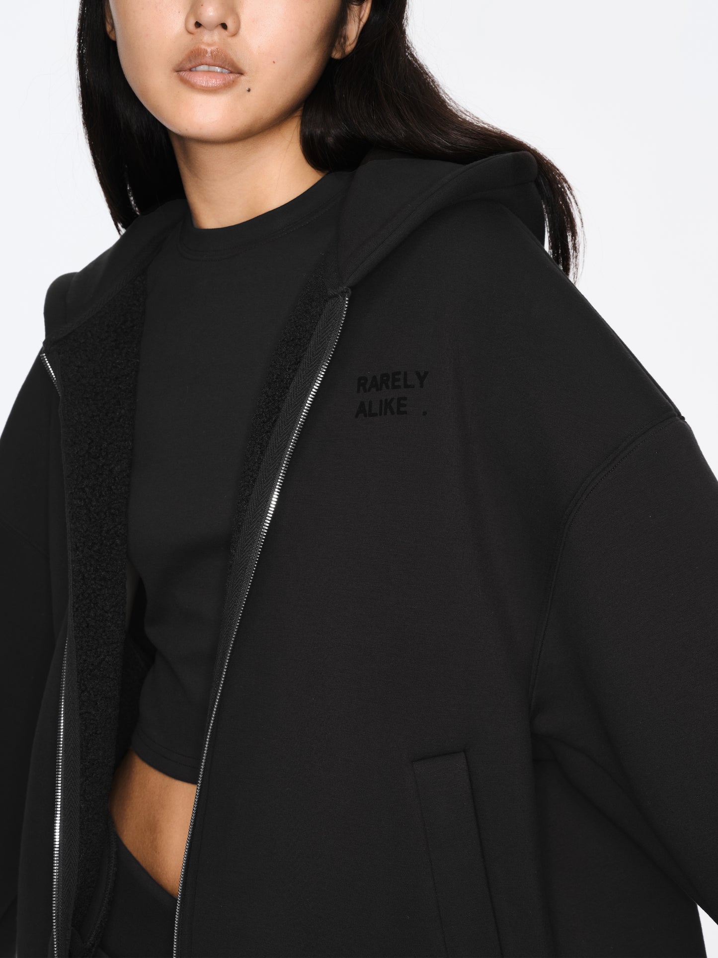 The Shearling-Lined Zip Up Hoodie & The Fleece Biker Shorts (Black)