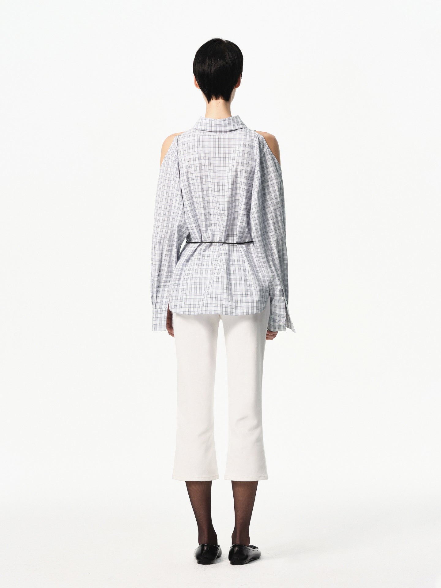 “Poise” Cutout-shoulder Plaid Shirt