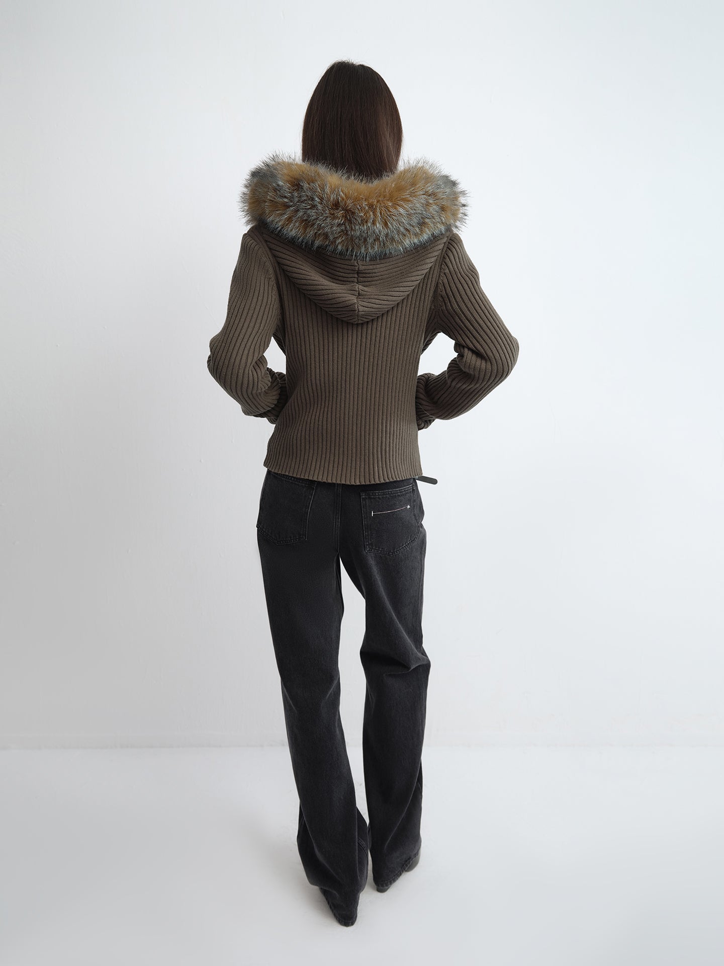 Faux Fur Trim Hooded Zip-Front Jumper