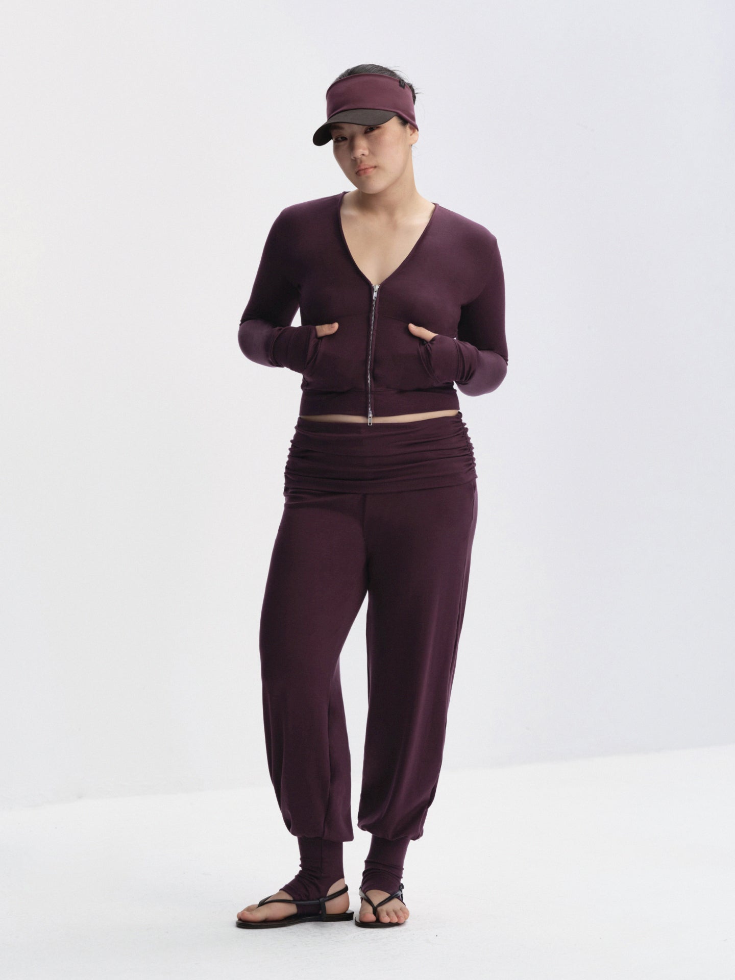 V-Neck Zip-Up Long Sleeve Top