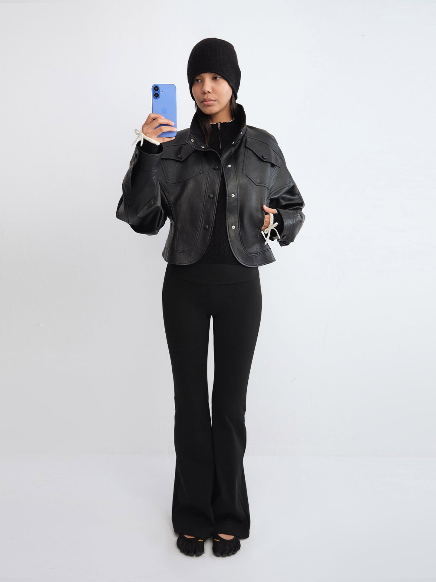 Stand-Collar Faux Leather Fitted Jacket