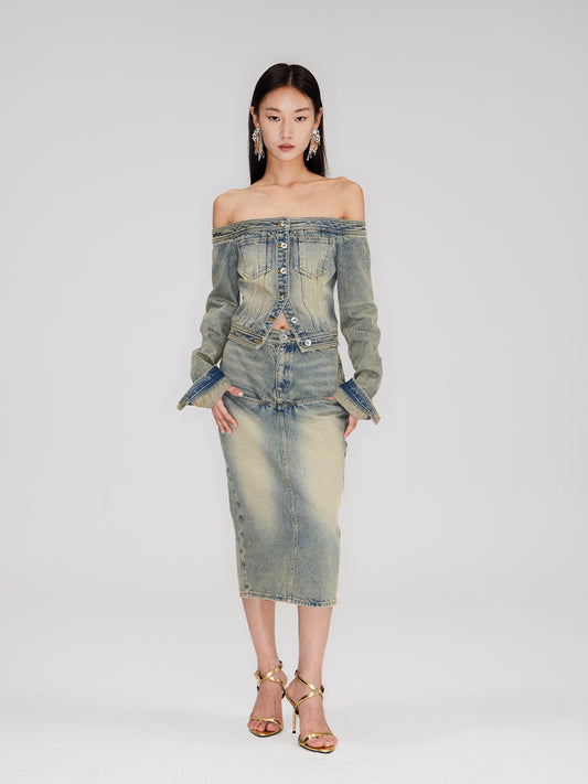 The Distressed Off-Shoulder Denim Jacket